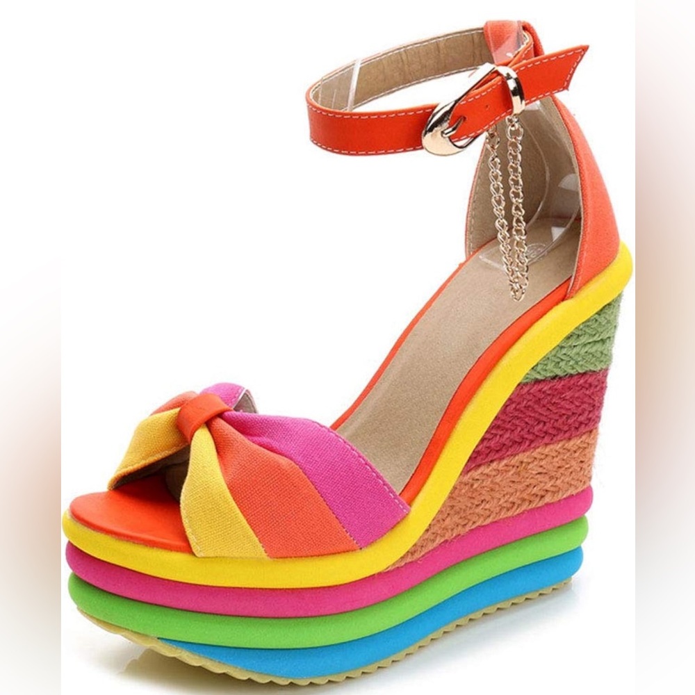 Rainbow Platform Wedge Sandals, Size 8